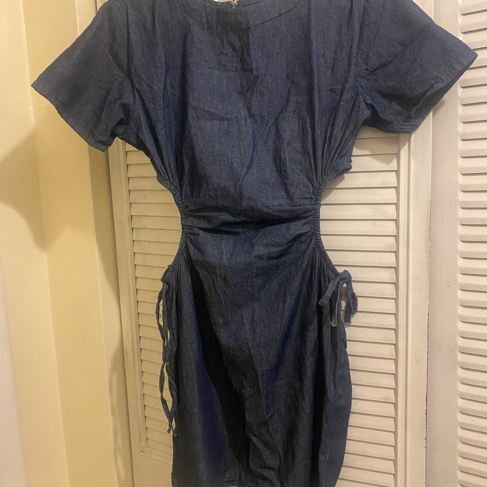 Casual Blue Denim Dress with Side Ties